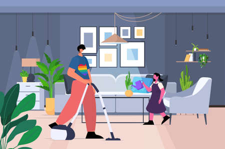 father cleaning house with little daughter transgender love LGBT community concept living room interiorのイラスト素材