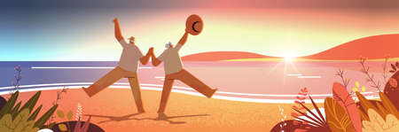 senior couple dancing old man and woman having fun active old age concept seascape sunset backgroundのイラスト素材