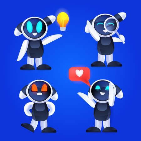 cute robot set modern robotic characters collection artificial intelligence technology conceptのイラスト素材