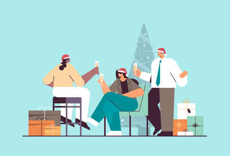 people in santa hats drinking champagne businesspeople celebrating corporate party new year christmas holidays celebrationのイラスト素材