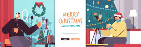 bloggers recording video on camera people celebrating new year christmas holidays lettering greeting cardのイラスト素材