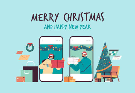 couple in santa hats presenting gifts to each other on smartphone screens people celebrating new year christmas holidaysのイラスト素材