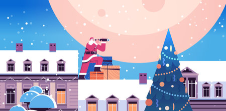 santa claus sitting on the roof and looking through binoculars merry christmas happy new year winter holidays celebrationのイラスト素材