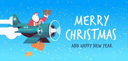 santa claus flying airplane with gifts merry christmas happy new year winter holidays celebration conceptのイラスト素材