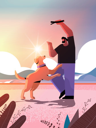 young man spending time with dog male owner and cute domestic animal having fun friendship with pet conceptのイラスト素材