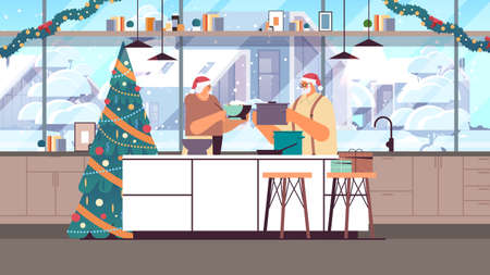 senior couple in santa hats cooking together in kitchen christmas dinner preparation new year holidays celebration conceptのイラスト素材