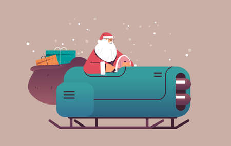 santa claus driving sleigh car with gifts merry christmas happy new year winter holidays celebration conceptのイラスト素材