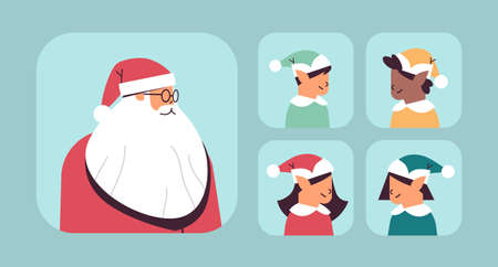 set santa claus with mix race elves avatars happy new year merry christmas holidays celebration conceptのイラスト素材