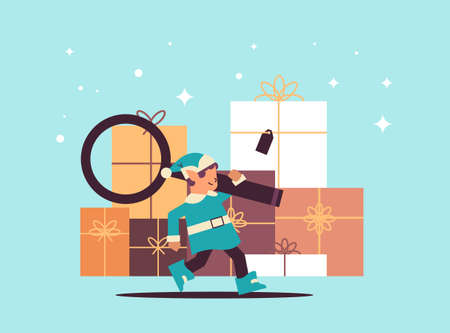 elf holding magnifying glass santa helper preparing for new year and christmas holidays celebration full length horizontal vector illustrationのイラスト素材