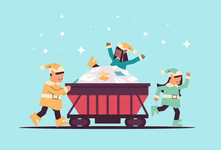 elves preparing for new year and christmas holidays celebration mix race santa helpers pushing minecartのイラスト素材
