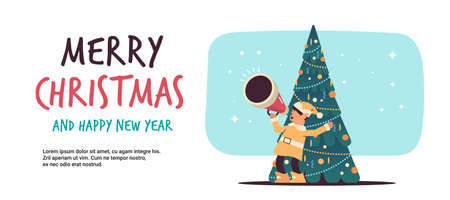 elf shouting in megaphone santa helper making announcement new year and christmas holidays celebrationのイラスト素材