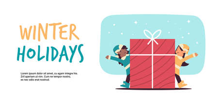 elves preparing for new year and christmas holidays celebration mix race santa helpers holding gift boxのイラスト素材