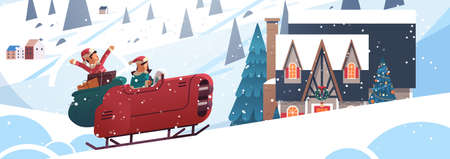 elves driving sleigh car with gifts merry christmas happy new year winter holidays celebration conceptのイラスト素材