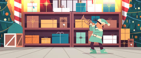 elf in uniform with musical instrument boy santa helper playing trumpet happy new year christmas holidays celebrationのイラスト素材