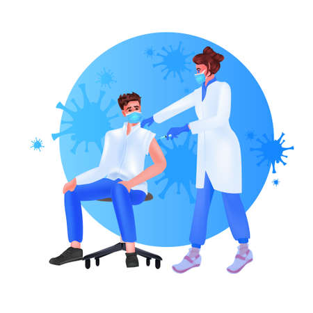 female doctor in mask vaccinating male patient fight against virus vaccine development covid-19 protectionのイラスト素材