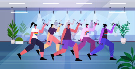 people doing stretching exercises LGBT parade pride festival transgender love concept fitness studio interiorのイラスト素材
