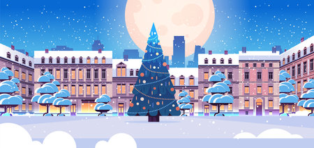 winter city street with decorated christmas tree and modern houses new year holiday celebration concept cityscapeのイラスト素材