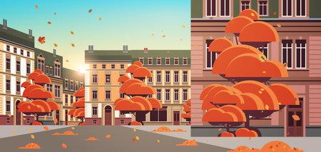 autumn city street with modern houses exterior urban buildings facade cityscape backgroundのイラスト素材