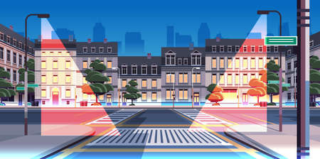 night city street with modern houses exterior urban buildings facade horizontalのイラスト素材