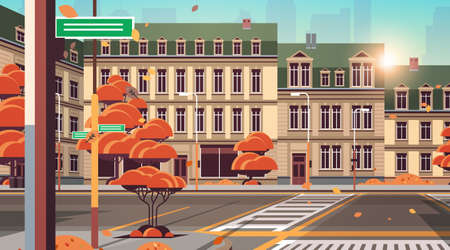 autumn city street with modern houses exterior urban buildings facade horizontalのイラスト素材