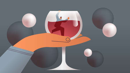 alcoholic man trapped in glass with wine alcohol addiction concept horizontalのイラスト素材