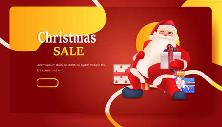 santa claus holding gifts new year christmas holidays celebration concept lettering greeting cardのイラスト素材