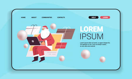 santa claus with gift box using laptop in web browser window happy new year merry christmas holiday celebrationのイラスト素材