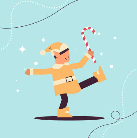 male elf in uniform holding candy cane boy santa helper celebrating happy new year merry christmas holidaysのイラスト素材