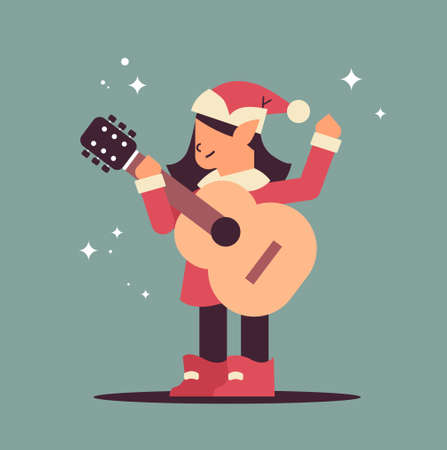 elf in uniform with musical instrument girl santa helper playing guitar happy new year christmas holidays celebrationのイラスト素材
