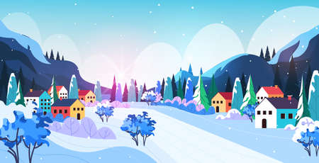 colorful cottages in ski resort winter landscape backgroundのイラスト素材