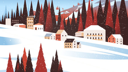 snow covered houses in winter season residential houses area ski resort concept new year and christmas celebrationのイラスト素材