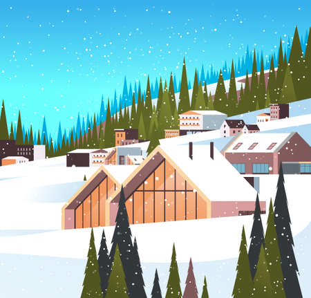 snow covered houses in winter season residential houses area ski resort concept new year and...