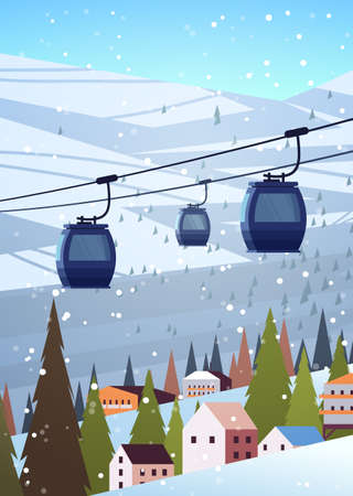 cableway in snowy mountains residential houses area ski resort christmas new year holidays celebration winter vacationのイラスト素材