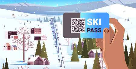 human hand using ski pass application on smartphone screen winter vacation concept snowy mountains landscapeのイラスト素材