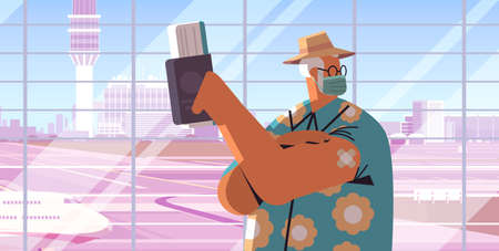 vaccinated senior man traveler holding tickets grandfather after vaccine injection successful covid-19 vaccinationのイラスト素材