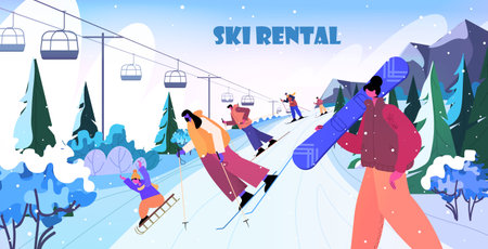 people skiing snowboarding men women doing winter activities christmas new year holidays celebration ski rentalのイラスト素材