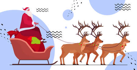 santa riding in sledge with reindeers happy new year merry christmas winter holidays celebration conceptのイラスト素材
