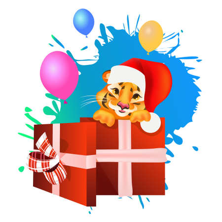 cute tiger holding gifts happy new year merry christmas holiday celebration greeting cardのイラスト素材