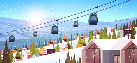cableway in snowy mountains residential houses area ski resort christmas new year holidays celebration winter vacationのイラスト素材