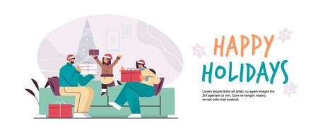 family in santa hats holding gifts new year christmas holidays celebration concept horizontal lettering greeting cardのイラスト素材