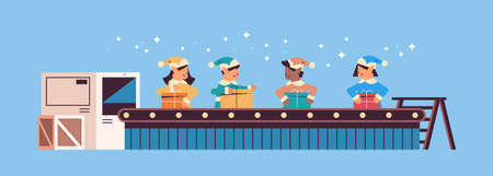 elves team putting gifts on machinery line conveyor belt happy new year christmas holidays...