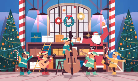 elves with musical instruments santa helpers team playing guitar and trumpet happy new year christmas holidays celebrationのイラスト素材