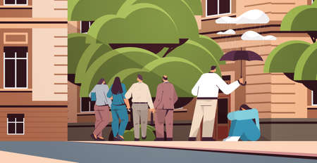 man holding an umbrella to protect sad woman from rain mental health diseases unemployment depression stressのイラスト素材