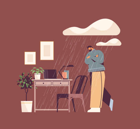 unhappy depressed businessman under rain cloud guy feeling desperate mental health diseases depression stressのイラスト素材