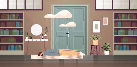 unhappy depressed man lying on floor under rain cloud guy feeling desperate and lonely mental health diseases depressionのイラスト素材