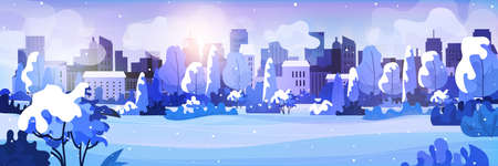 snowy urban park cityscape background greeting card horizontalのイラスト素材