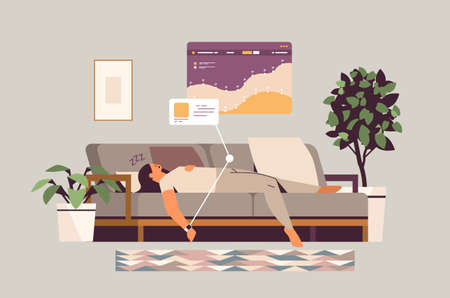 young woman sleeping on sofa with electronic smart watch app tracker on hand quality and quantity sleep controlのイラスト素材