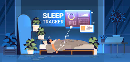 young woman sleeping in bed with electronic smart watch app tracker on hand quality and quantity sleep controlのイラスト素材