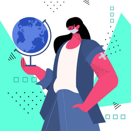 vaccinated female teacher with globe after vaccine injection successful vaccination conceptのイラスト素材