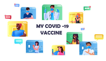 doctor in web browser window consulting mix race patients during video call online medical consultation covid vaccinationのイラスト素材